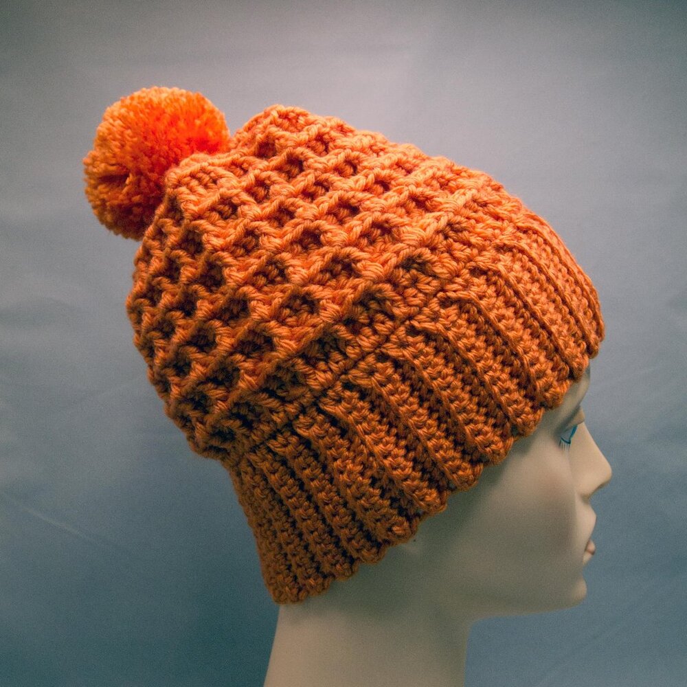 Orange Crochet Beanie Handmade Waffle Texture with Pom Pom